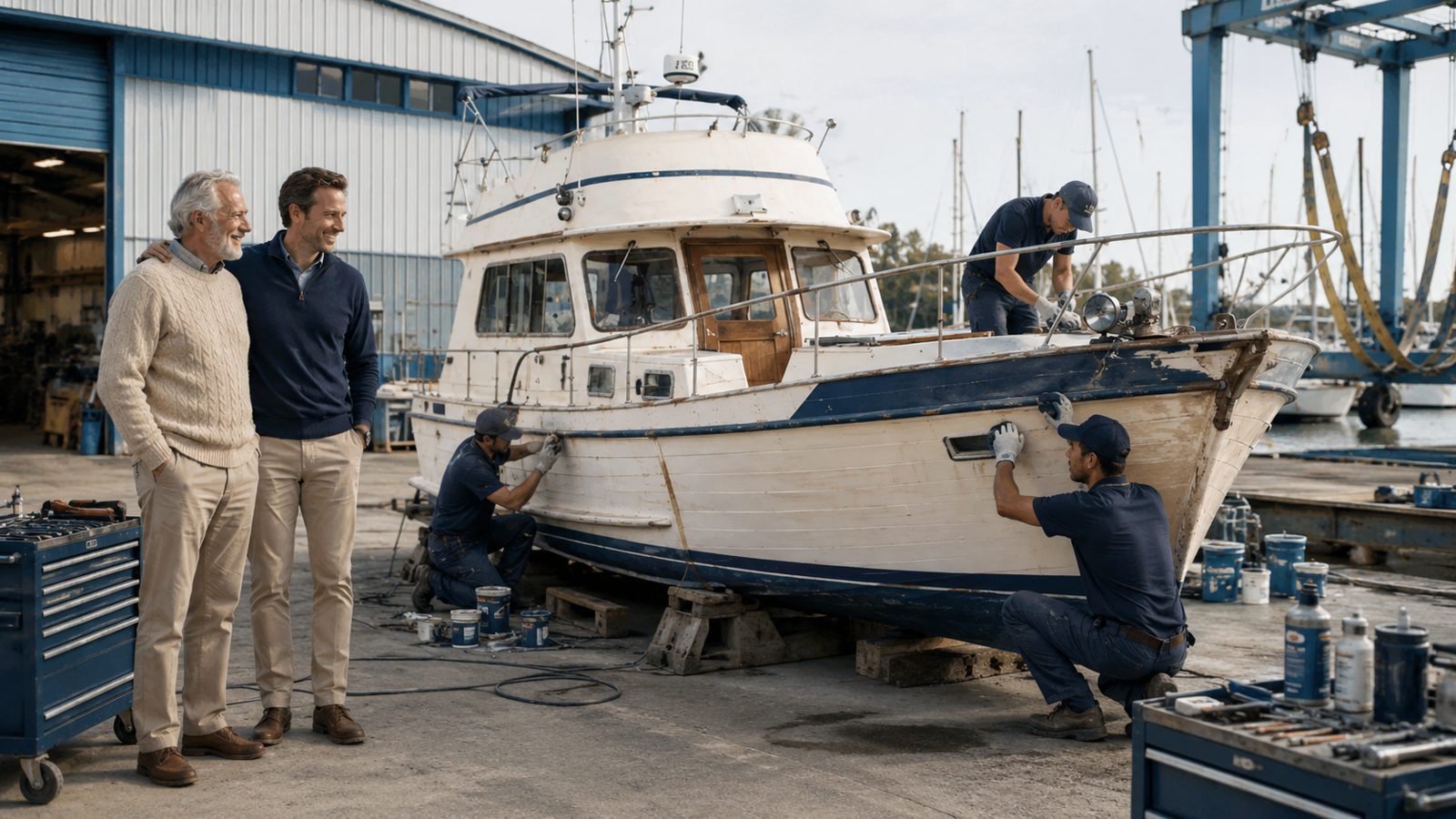 Werftmitarbeiter in blauen Overalls arbeiten am Rumpf einer Yacht auf dem Trockendock, während die Eigner zusehen