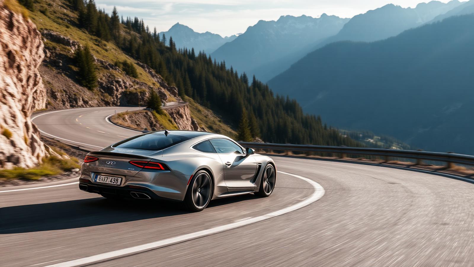 Sportwagen auf einer Schweizer Passstrasse mit Alpenpanorama